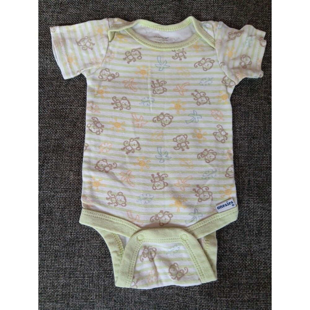 Gerber Shirt 0 To 3 month Boys White Green Short sleeve Snap Bottom Monkey